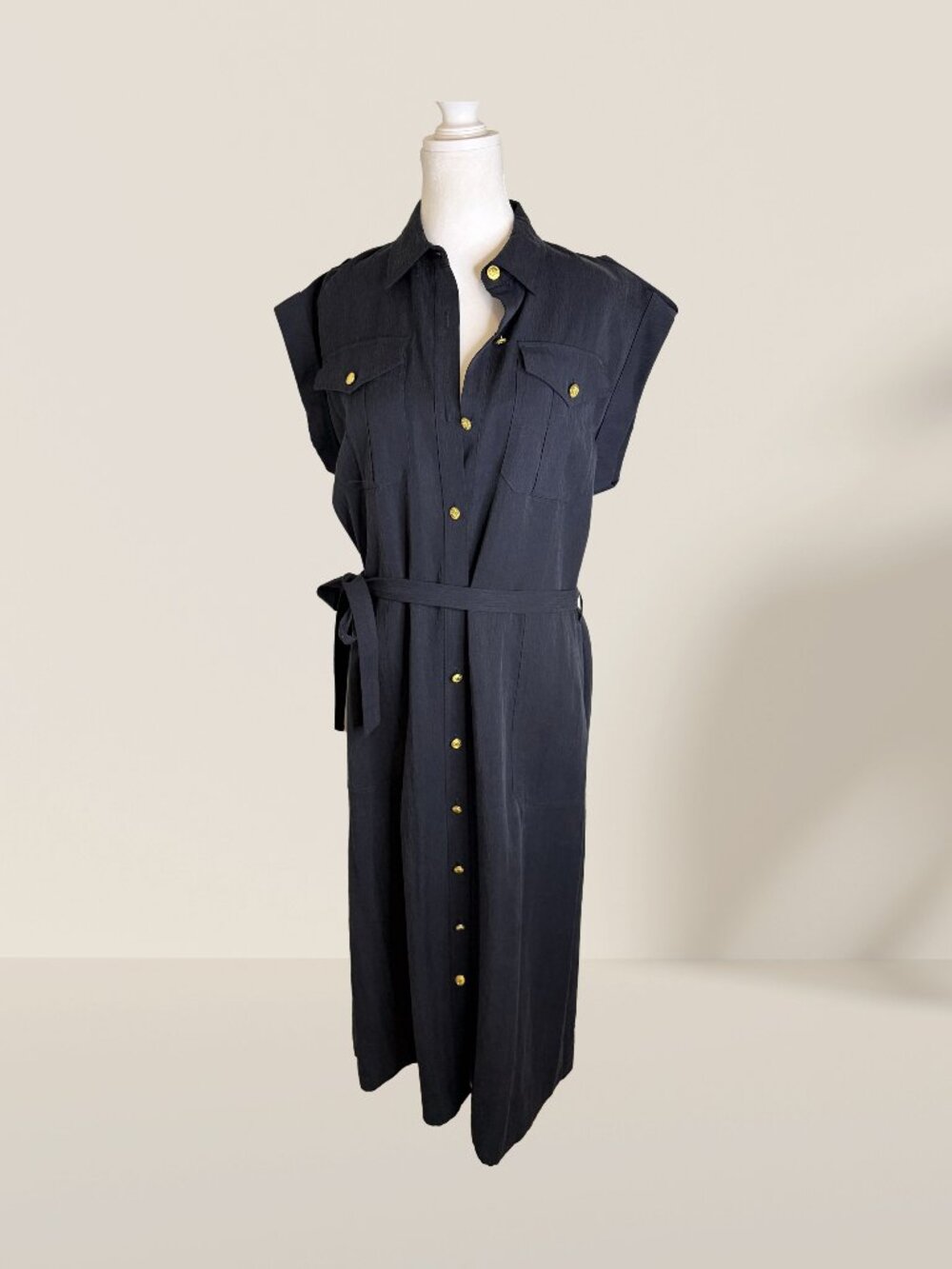 rag & bone Navy Roxanne Sleeveless Shirt Dress Size M | Gold Buttons Belted Midi